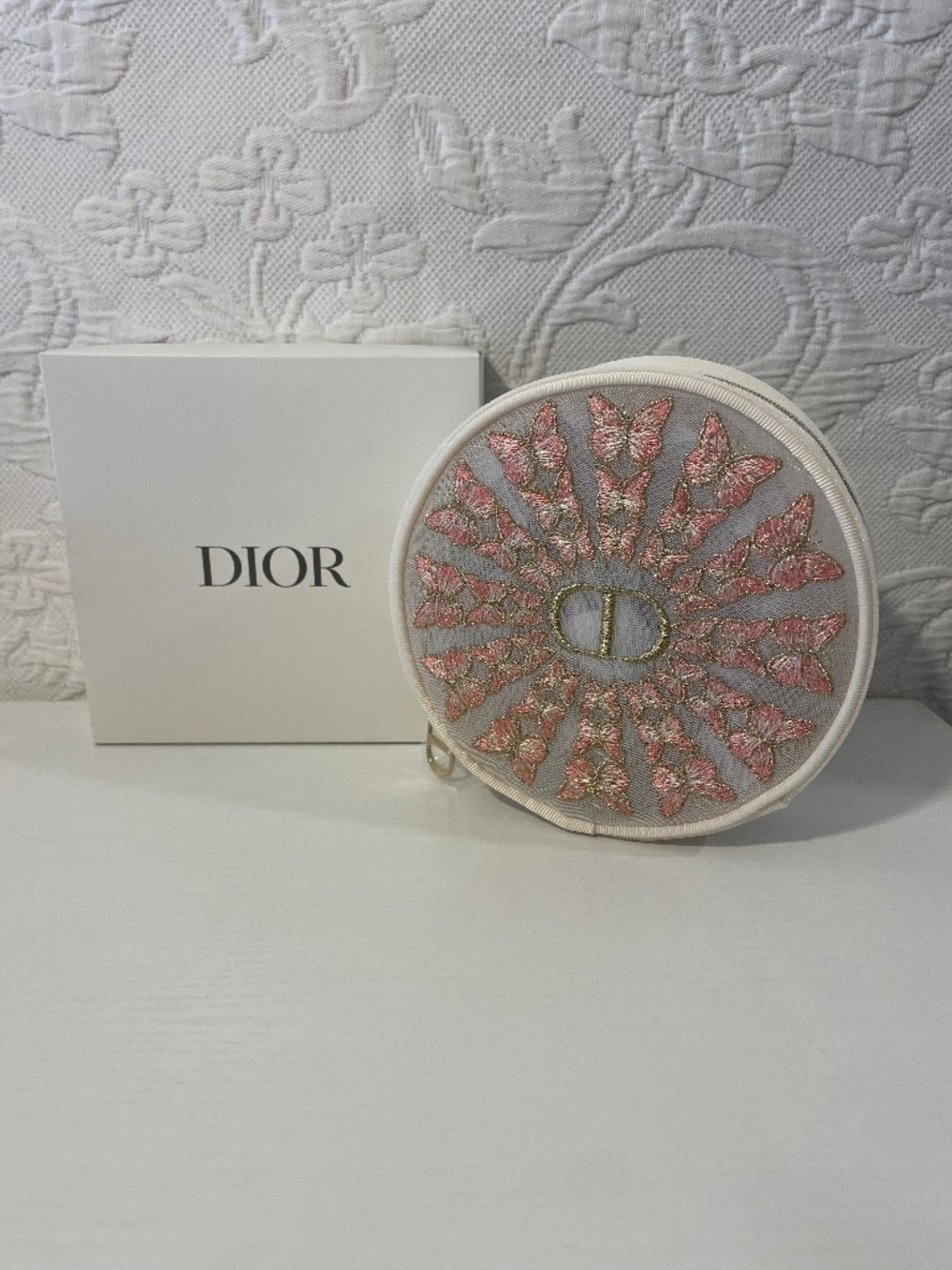 Dior Butterfly Embroidered Round Mesh Vanity Cosmetic Case NIB